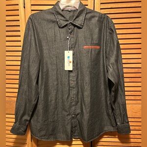 LOCALMODE Black Denim Button Down Shirt with Tan Faux Leather Trim Pocket
